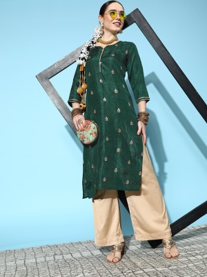 Ishin Women Embroidered A-line Kurta(Green)