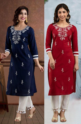 vikshi Women Chikan Embroidery Straight Kurta(Multicolor)