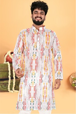 KAMOSA Men Printed Straight Kurta(White)