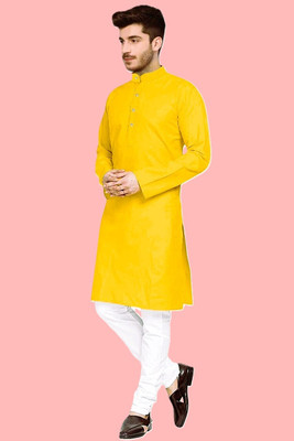 krishu Men Solid Straight Kurta(Yellow)