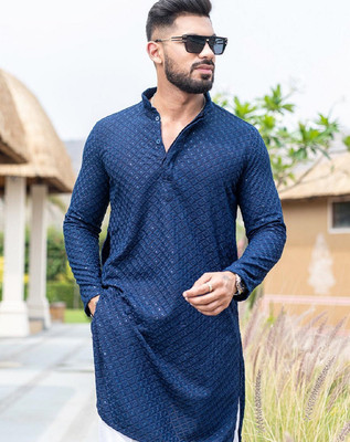 FOXDX Men Embellished Straight Kurta(Blue)