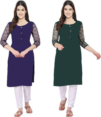 Adgoodstrader fashion Women Solid Straight Kurta(Dark Blue, Dark Green)