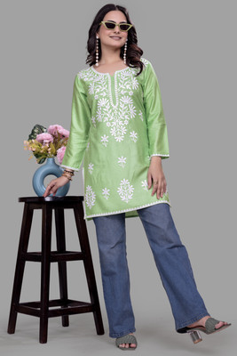 shivshakti faishon Women Chikan Embroidery A-line Kurta(Green)