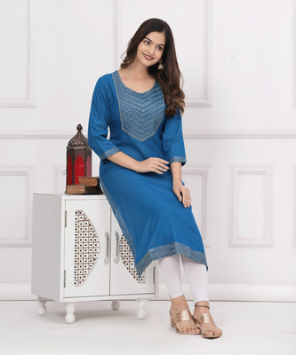 ki and ka Women Embroidered Straight Kurta(Blue)