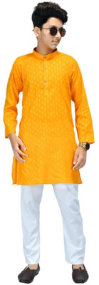 WELCOME STYLE Boys Self Design A-line Kurta(Yellow)
