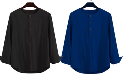 GAINELL Men Solid Straight Kurta(Black, Dark Blue)