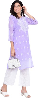 Fashion Point Women Chikan Embroidery Straight Kurta(Purple)