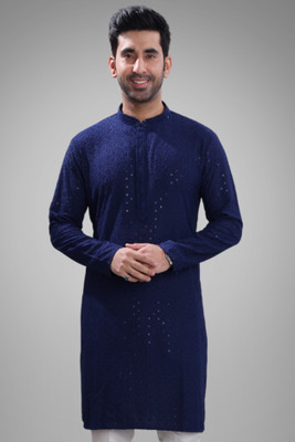 JUGG JUGG JEEYO Men Self Design Straight Kurta(Blue)