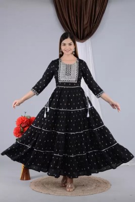 Chetna Women Printed Anarkali Kurta(Black, White, Beige)