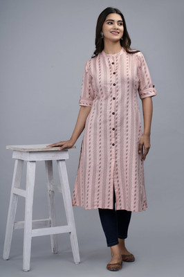 LOOMS21 Women Woven Design A-line Kurta(Pink)