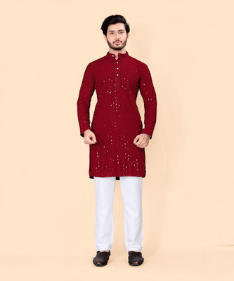 KISHANTRADE Men Chikan Embroidery Pathani Kurta(Maroon)