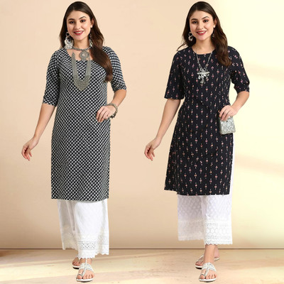 1 Stop Fashion Women Printed Straight Kurta(Dark Blue, White)
