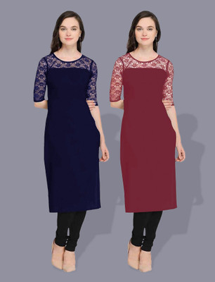 maaheshvi Women Self Design Straight Kurta(Dark Blue)