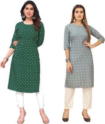 Gitanjali Trend Women Printed Straight Kurta(Dark Green, Silver)