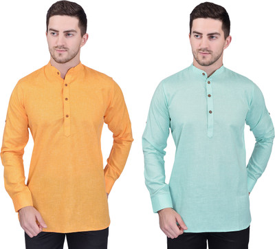 PRINTCULTR Men Solid Straight Kurta(Light Blue, Yellow)
