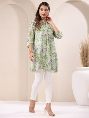 Janasya Women Floral Print A-line Kurta(Green)