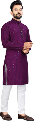 kanha creation Men Embellished Straight Kurta(Purple)