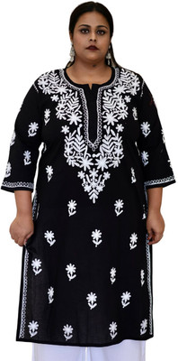 myplusfashion Women Chikan Embroidery Straight Kurta(Black)