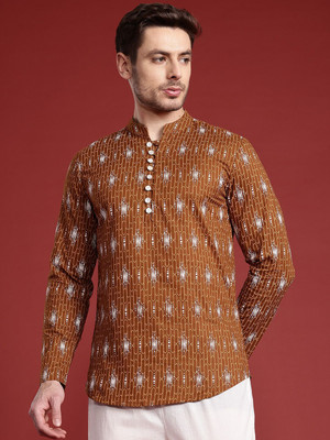 ANOUK Men Geometric Print Straight Kurta(Brown)