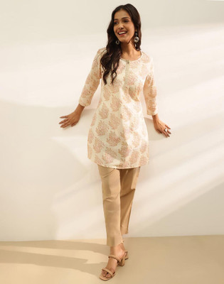 Fabindia Women Printed Straight Kurta(Beige)
