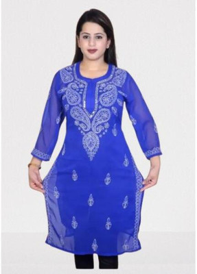Khan SherajEnp Women Embroidered Straight Kurta(Blue)