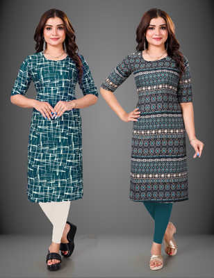 MOBHISA Women Printed Straight Kurta(Light Blue)