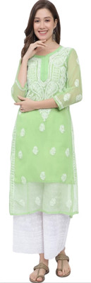 CHIKANKARI BY KK Women Chikan Embroidery Straight Kurta(Green)