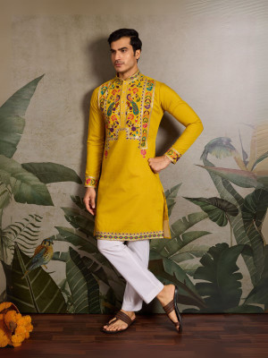 odette Men Embroidered Straight Kurta(Blue)