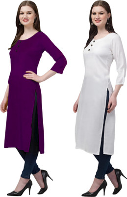 Coft Women Solid Straight Kurta(Purple, White)