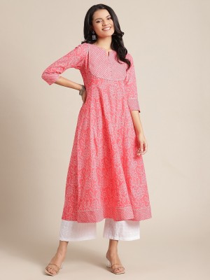 Varanga Women Printed Anarkali Kurta(White, Pink)