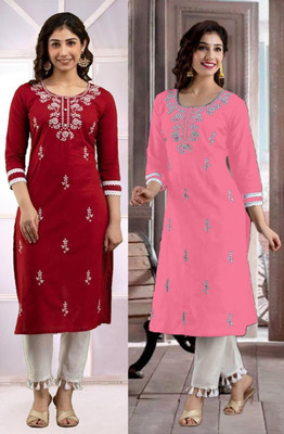 HouseOfCommon Women Chikan Embroidery Straight Kurta(Multicolor)
