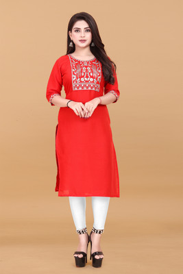 KNG TEXTILE Women Embroidered Straight Kurta(Red)