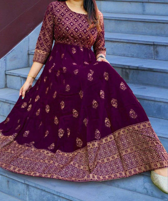 Niona Women Printed Anarkali Kurta(Beige)