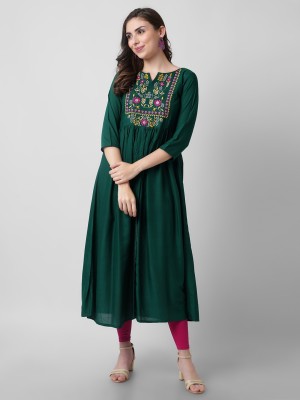 Janakdulari Creation Women Embroidered A-line Kurta(Green)