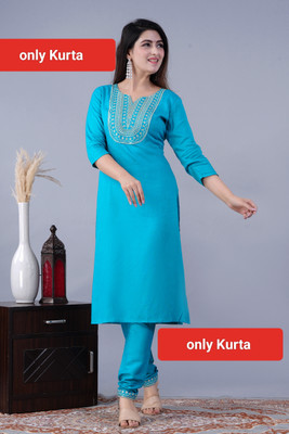 ANJAYA Women Embroidered Straight Kurta(Light Blue)