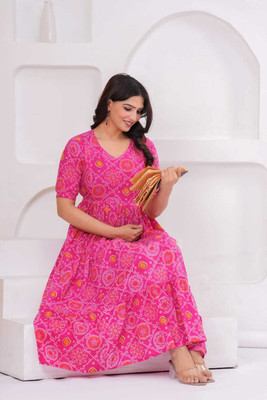 HouseOfCommon Women Printed Anarkali Kurta(Pink)