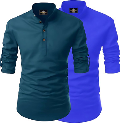 LIRMO Men Solid Straight Kurta(Dark Green, Dark Blue)