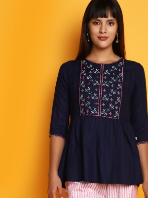 V-MART Women Embroidered A-line Kurta(Dark Blue)