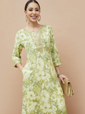 Melange by Lifestyle Women Printed Straight Kurta(Green)