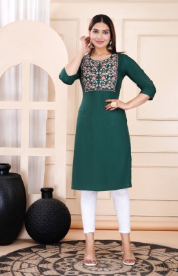 MORAA Women Embroidered, Applique Straight Kurta(Dark Green)