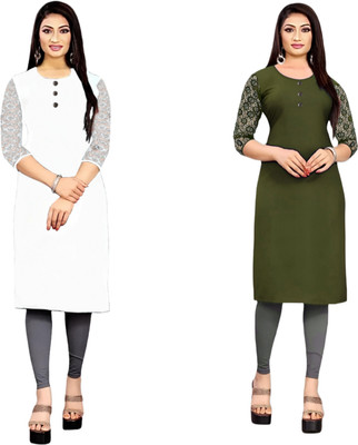 HOFC Women Solid Straight Kurta(White, Green)