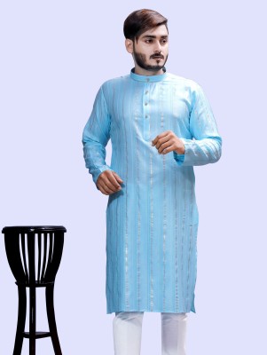 Tibra Collection Men Striped Straight Kurta(Light Blue, Silver)