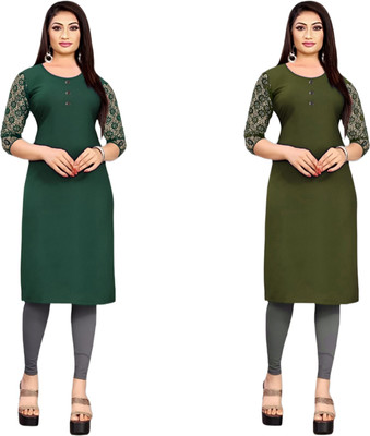 HOFC Women Solid Straight Kurta(Dark Green, Green)