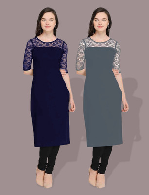 Dream Beauty Fashion Women Embellished Straight Kurta(Dark Blue)