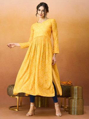 TextileNow Women Printed Flared Kurta(Yellow)