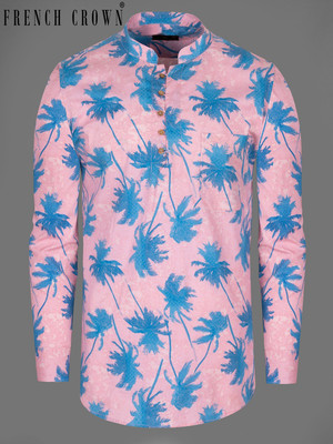 french crown Men Floral Print Straight Kurta(Pink, White, Light Blue)