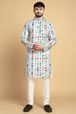 VISHESTA Men Floral Print Straight Kurta(White)