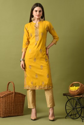 Divastri Women Printed Straight Kurta(Yellow)