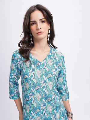 Anouk Rustic Women Printed Straight Kurta(Blue)