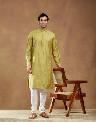 Fabindia Men Printed Straight Kurta(Green)